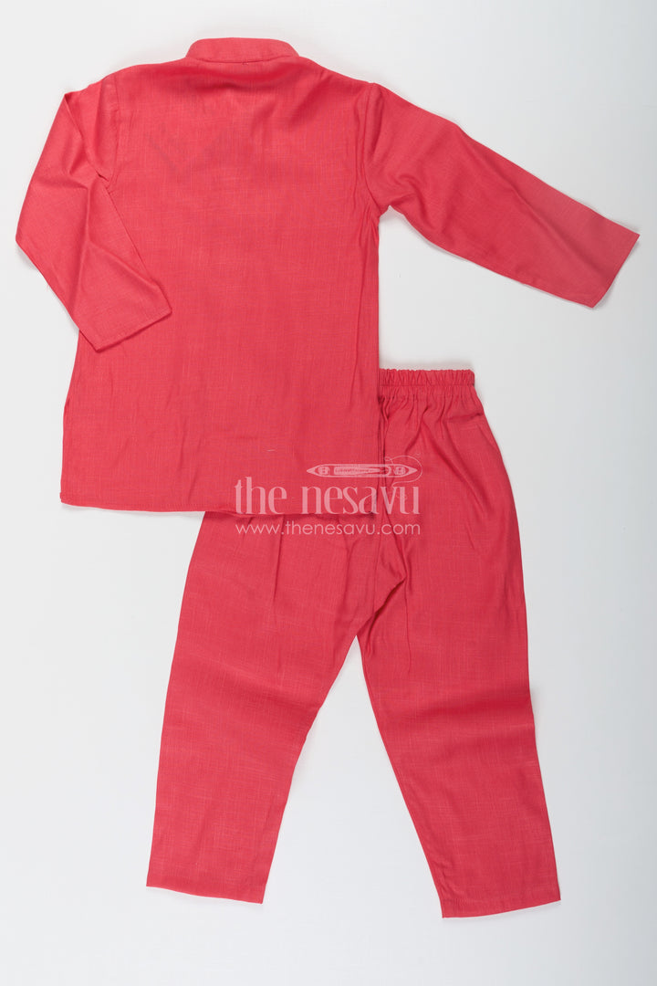 Red Kurtha Boys Jacket Set with Multicolor Printed Silk Blend Jacket and Solid Red Kurta Pants