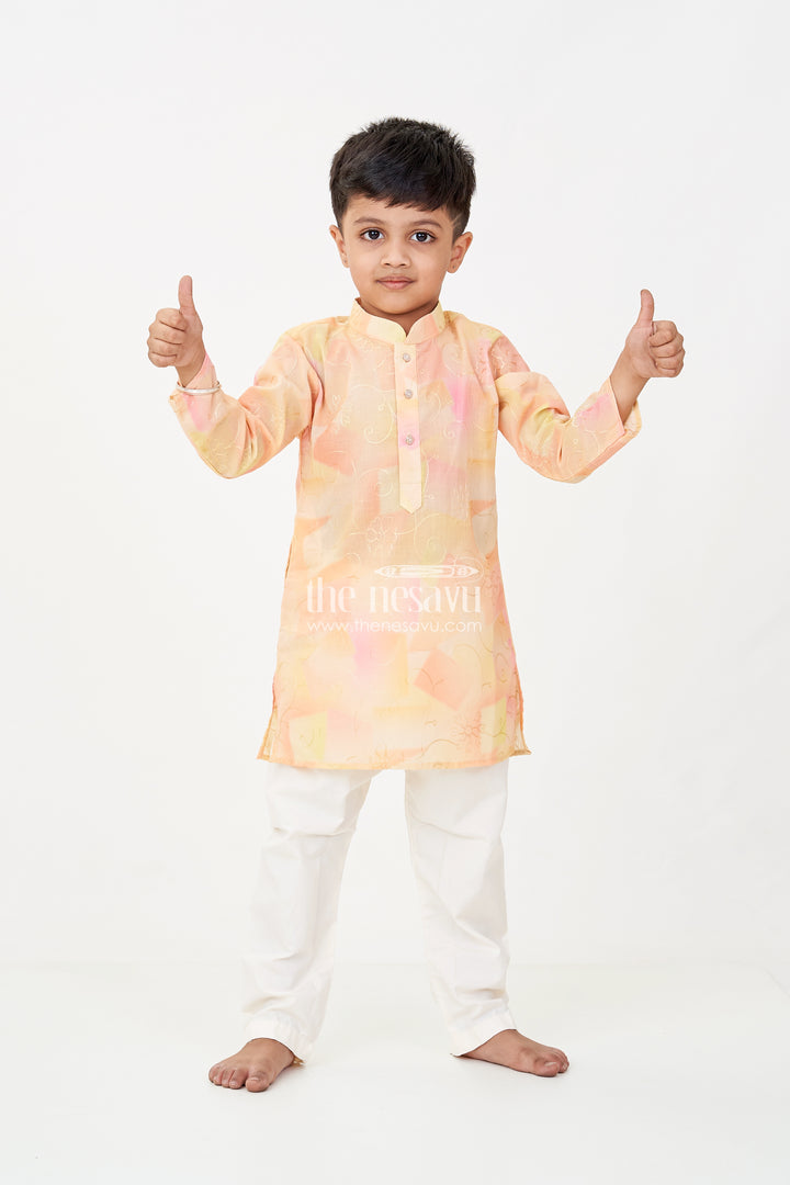 Yellow Kurta Set for Men in Boys Modal Silk with Subtle Thread Embroidery and Off White Pajama