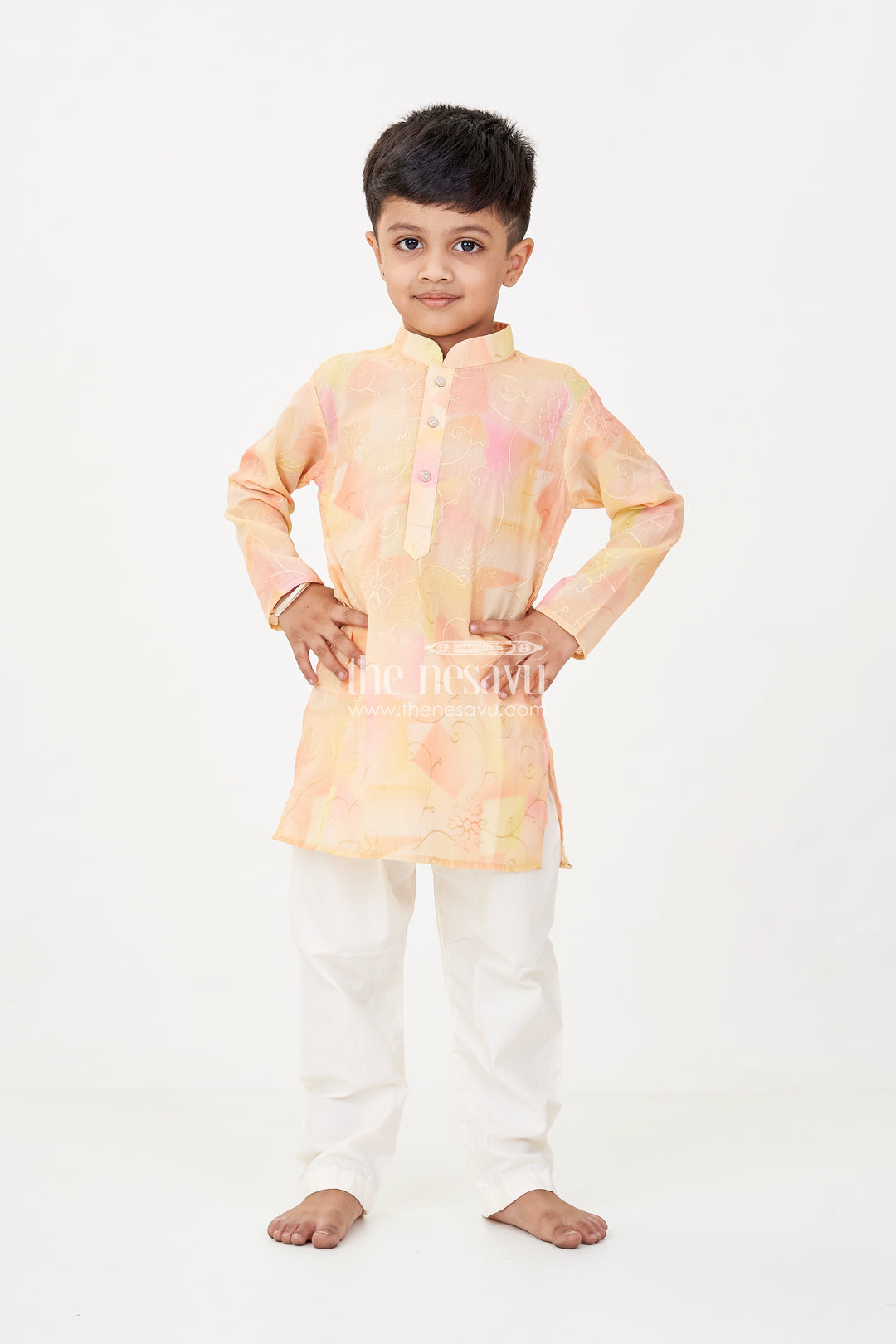 Yellow Kurta Set for Men in Boys Modal Silk with Subtle Thread Embroidery and Off White Pajama