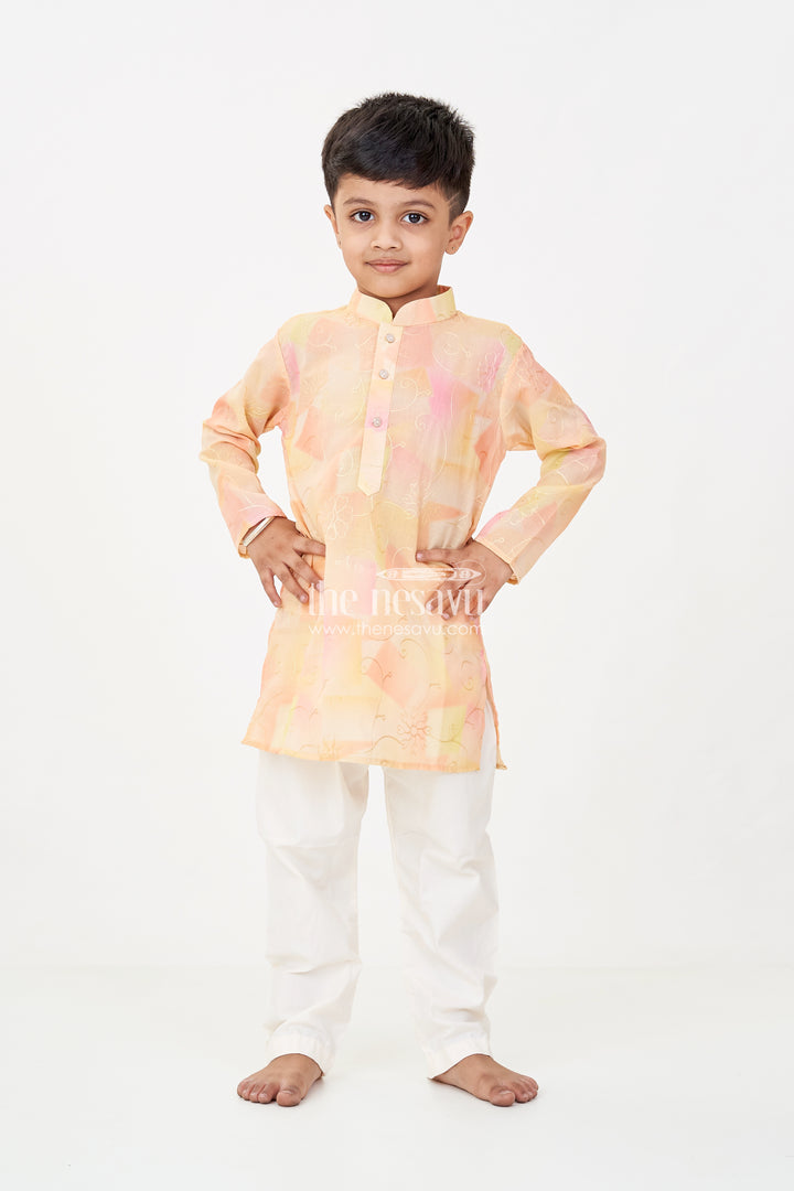 Yellow Kurta Set for Men in Boys Modal Silk with Subtle Thread Embroidery and Off White Pajama