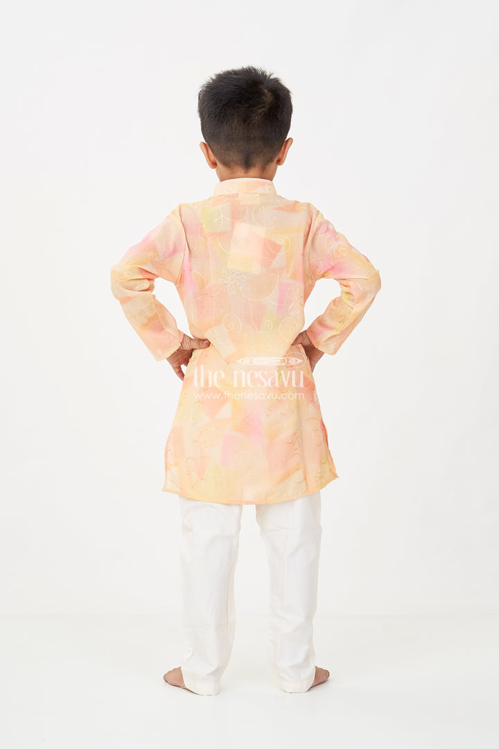 Yellow Kurta Set for Men in Boys Modal Silk with Subtle Thread Embroidery and Off White Pajama