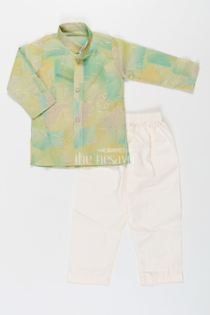 Green Kurta Sets for Boys in Modal Silk with Thread Embroidery and Ivory Pajama for Elegant Look