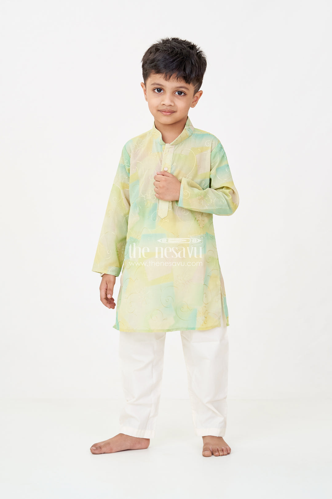 Green Kurta Sets for Boys in Modal Silk with Thread Embroidery and Ivory Pajama for Elegant Look