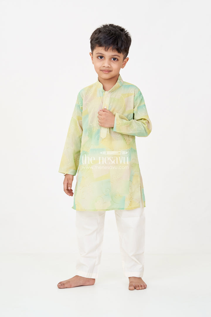 Green Kurta Sets for Boys in Modal Silk with Thread Embroidery and Ivory Pajama for Elegant Look
