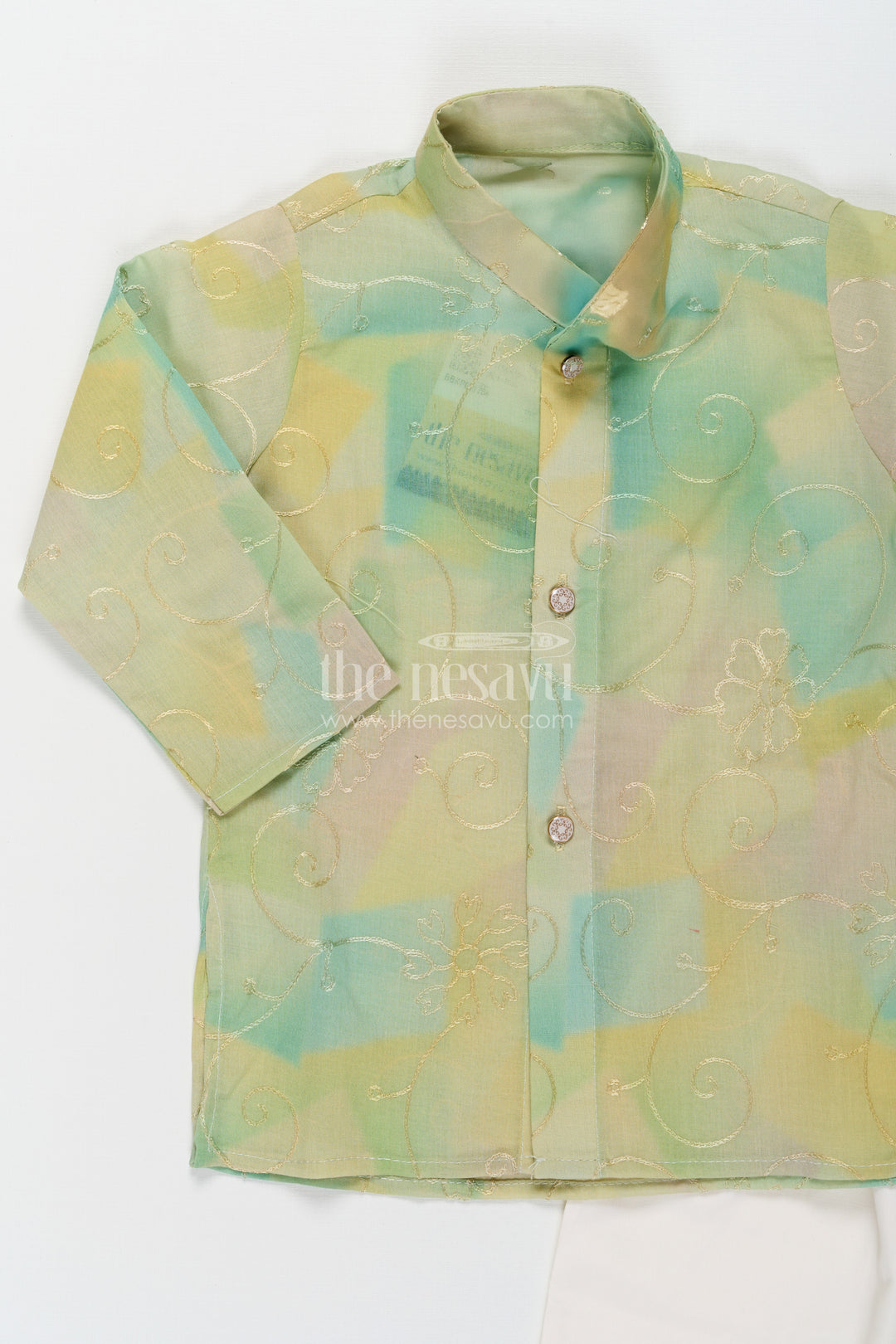 Green Kurta Sets for Boys in Modal Silk with Thread Embroidery and Ivory Pajama for Elegant Look