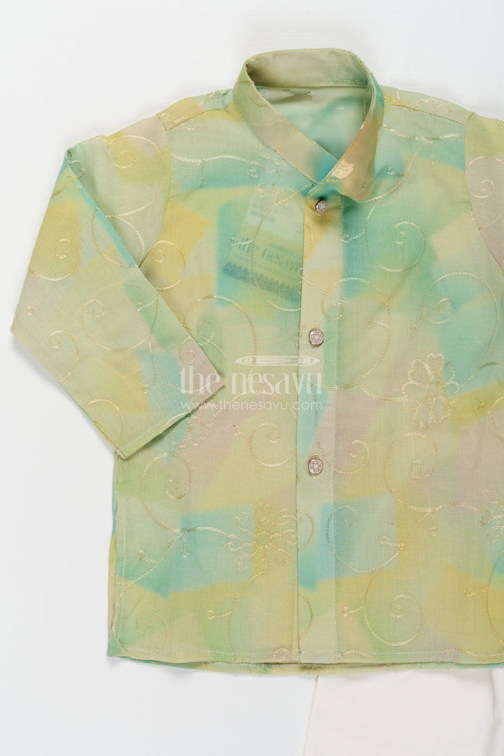 Green Kurta Sets for Boys in Modal Silk with Thread Embroidery and Ivory Pajama for Elegant Look