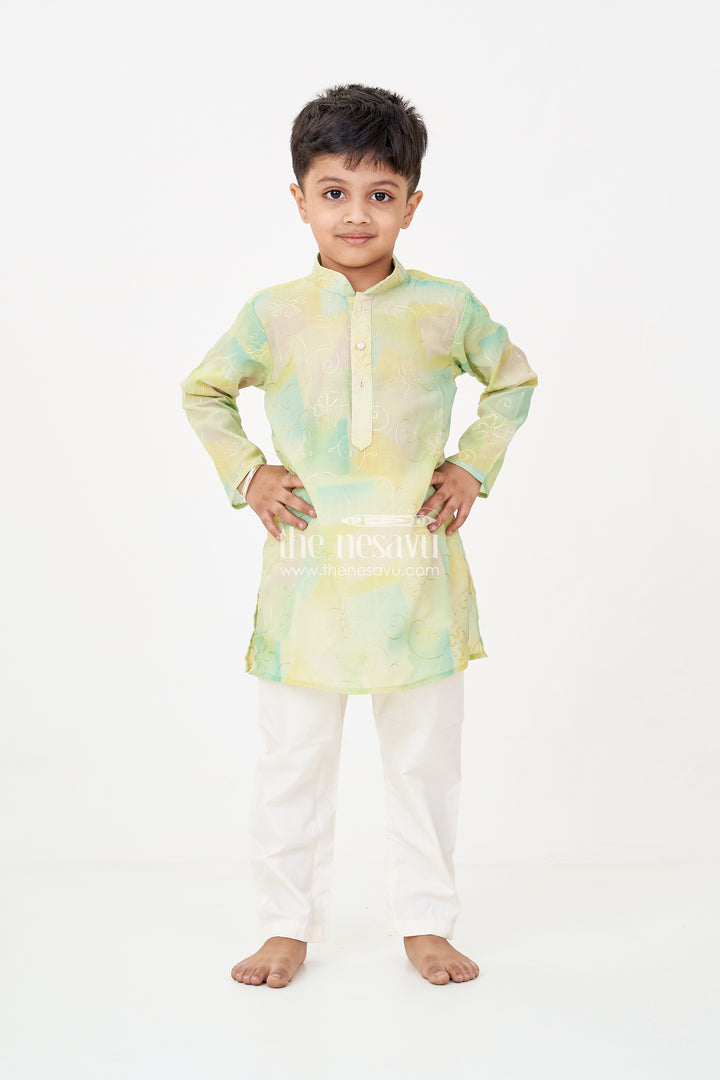 Green Kurta Sets for Boys in Modal Silk with Thread Embroidery and Ivory Pajama for Elegant Look