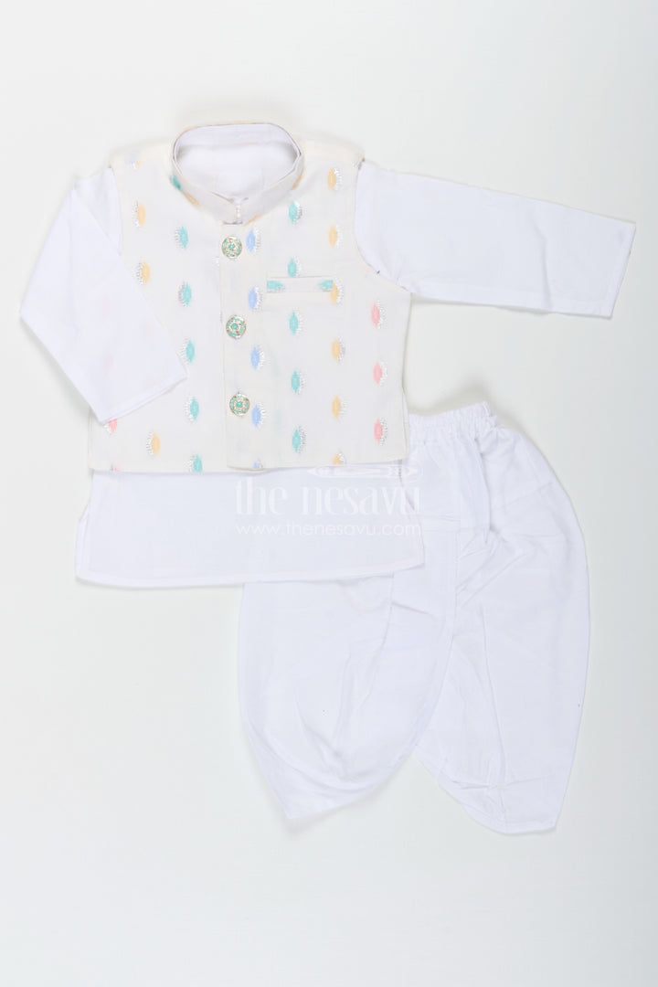 Boys Dhoti Jacket Set in White Cotton with Thread Weave Embellished Jacket and Kurta