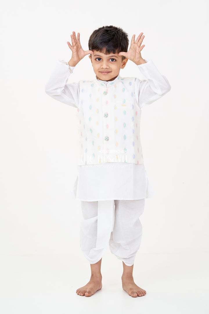 Boys Dhoti Jacket Set in White Cotton with Thread Weave Embellished Jacket and Kurta