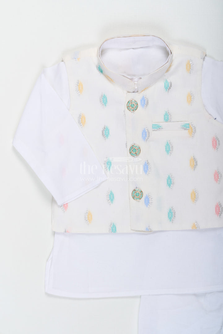 Boys Dhoti Jacket Set in White Cotton with Thread Weave Embellished Jacket and Kurta