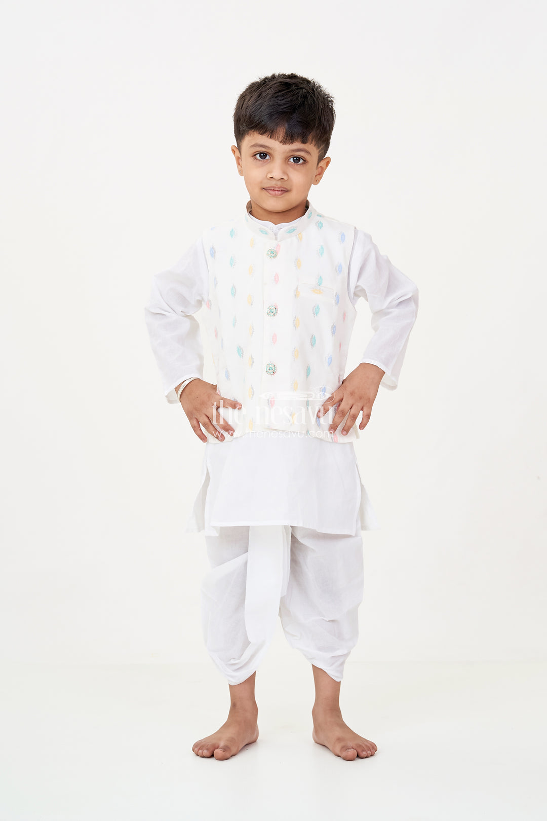 Boys Dhoti Jacket Set in White Cotton with Thread Weave Embellished Jacket and Kurta