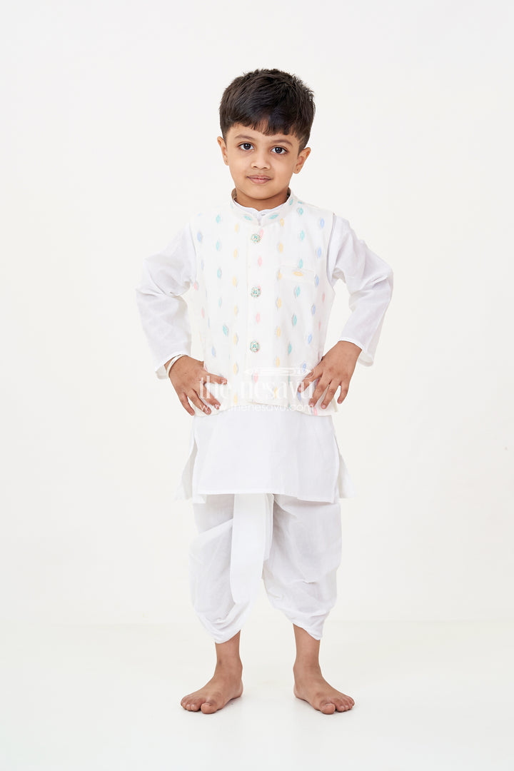 Boys Dhoti Jacket Set in White Cotton with Thread Weave Embellished Jacket and Kurta