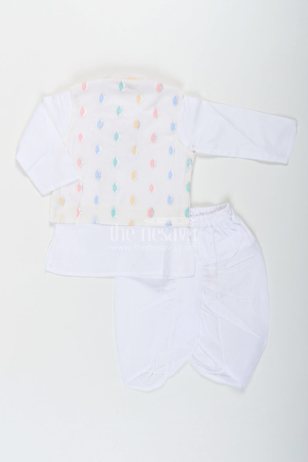 Boys Dhoti Jacket Set in White Cotton with Thread Weave Embellished Jacket and Kurta
