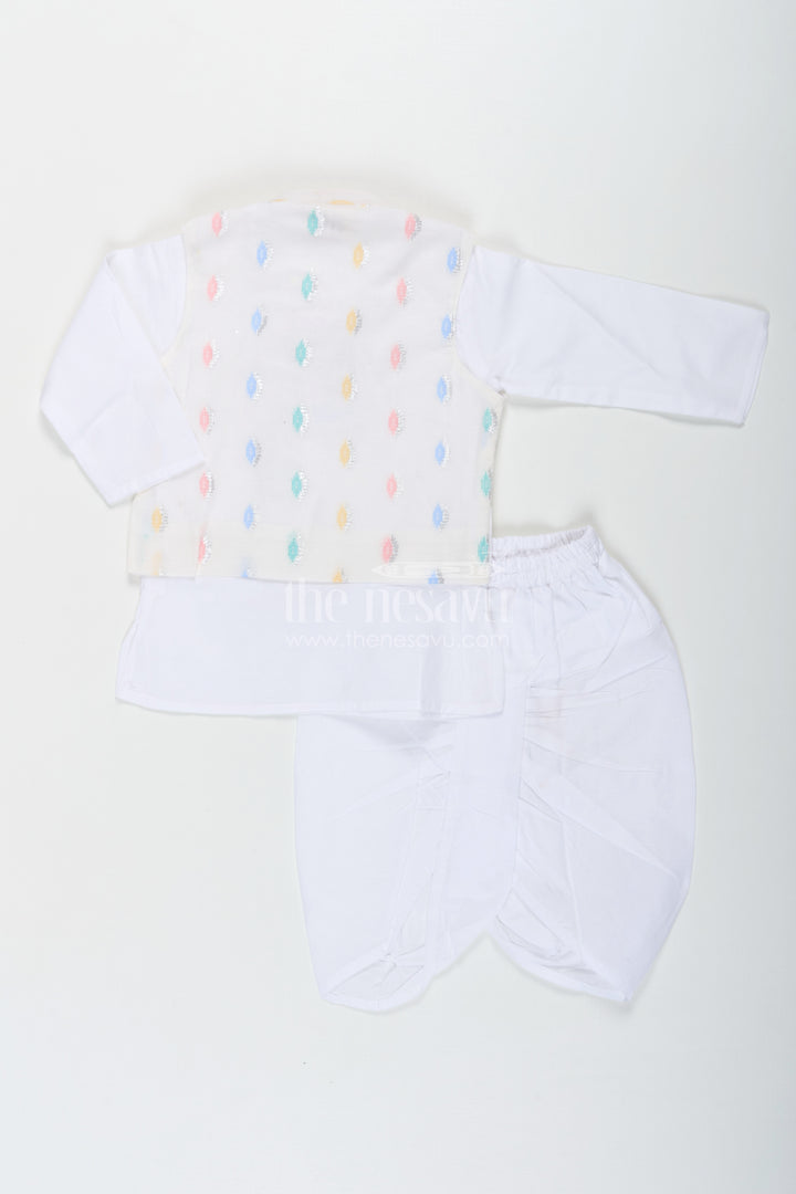 Boys Dhoti Jacket Set in White Cotton with Thread Weave Embellished Jacket and Kurta