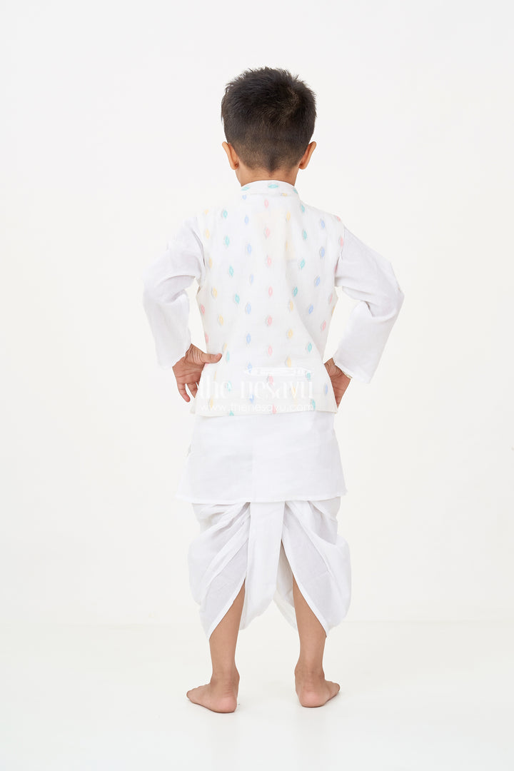 Boys Dhoti Jacket Set in White Cotton with Thread Weave Embellished Jacket and Kurta