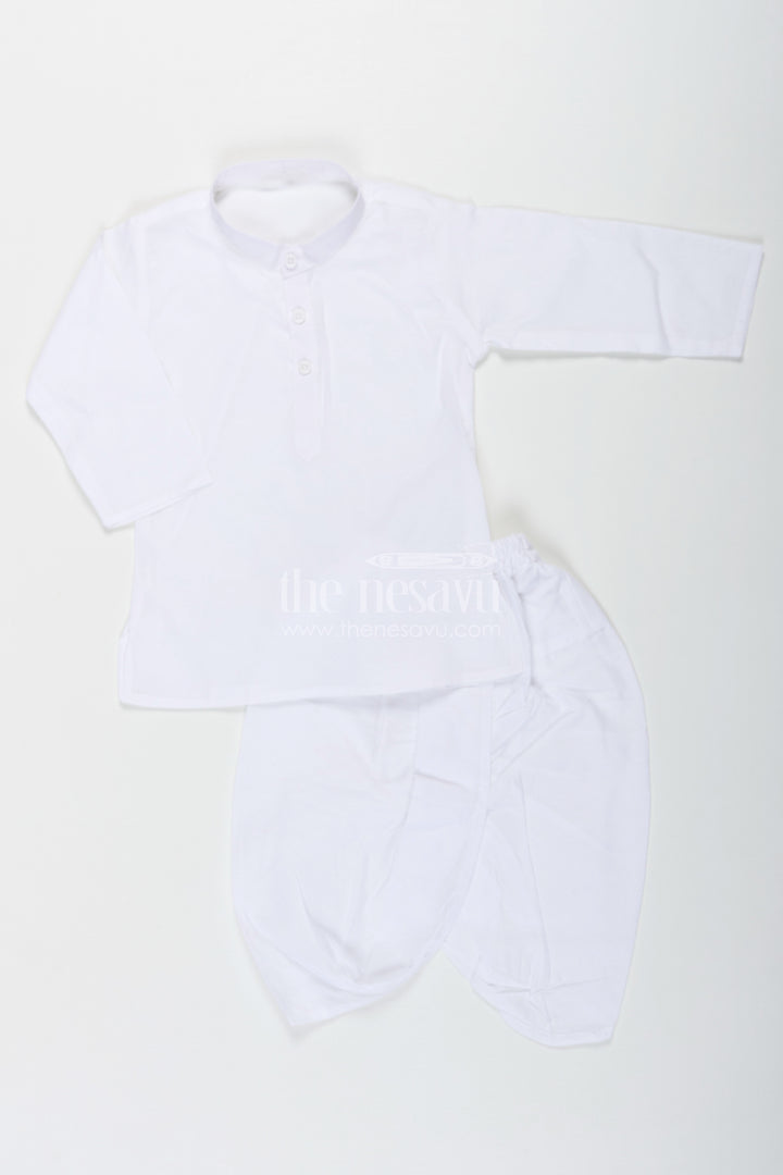 Boys Dhoti Jacket Set in White Cotton with Thread Weave Embellished Jacket and Kurta