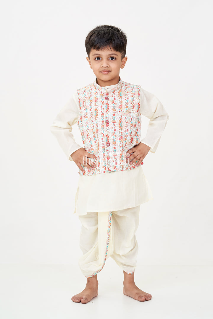 Boys Dhoti Kurta Jacket Set in Beige Cotton with Digital Print Vest and Traditional Dhoti Pants