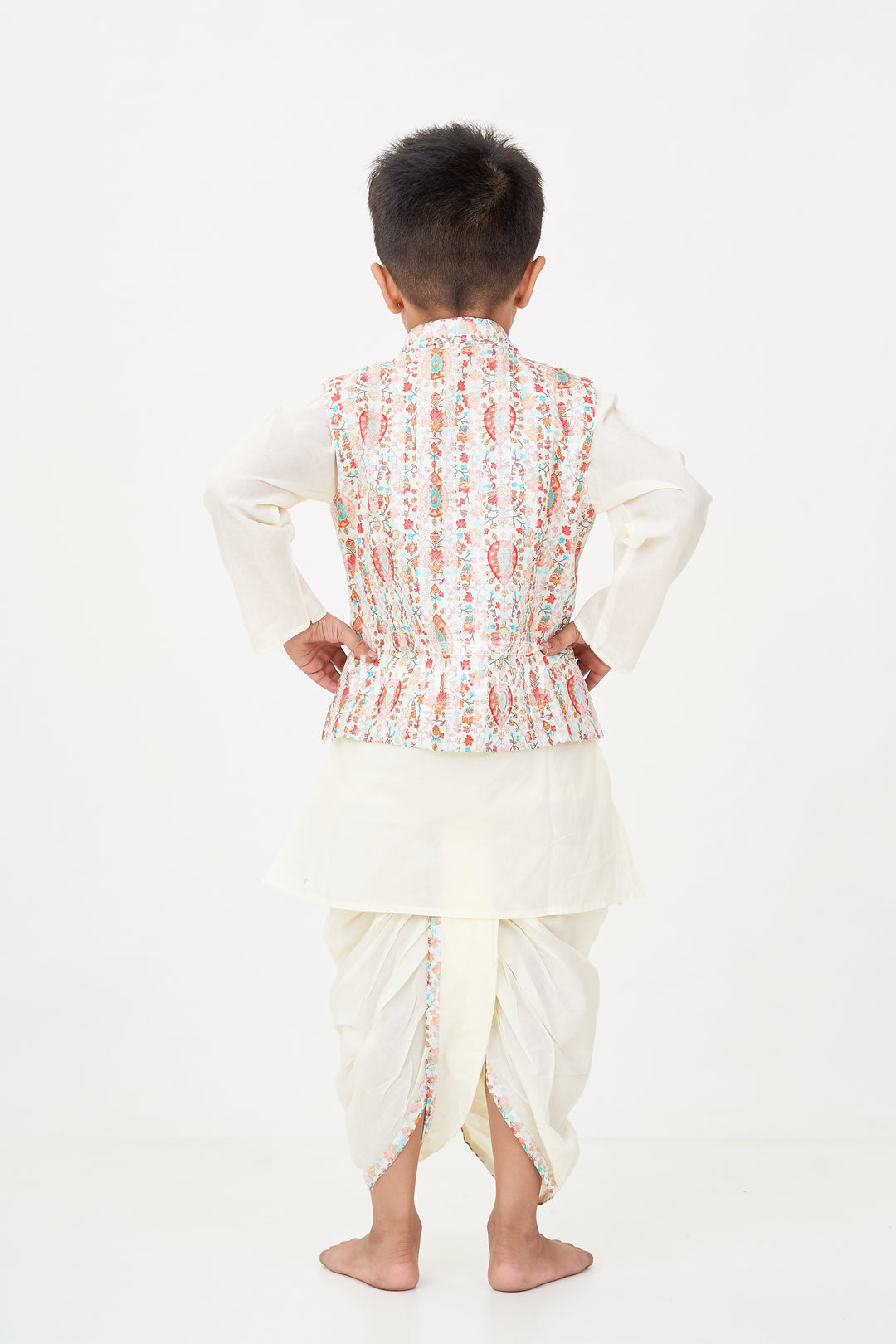 Boys Dhoti Kurta Jacket Set in Beige Cotton with Digital Print Vest and Traditional Dhoti Pants