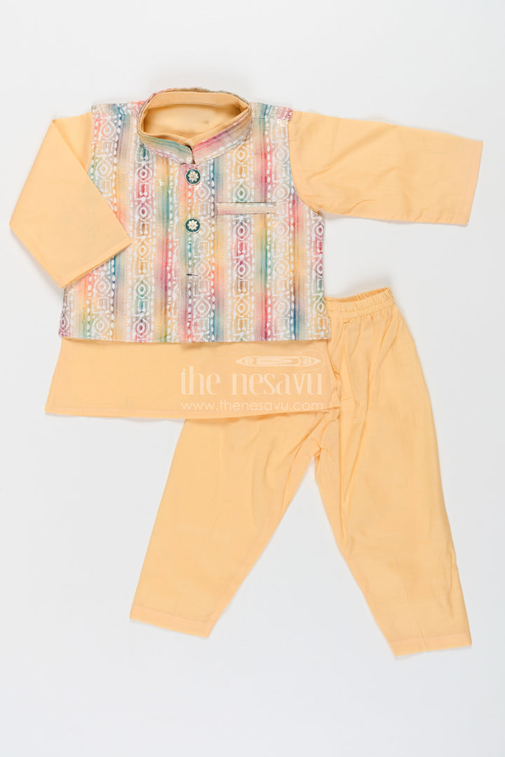 Ethnic Jacket and Kurta Set for Boys in Yellow Cotton with Multicolor Sequence Embellished Jacket