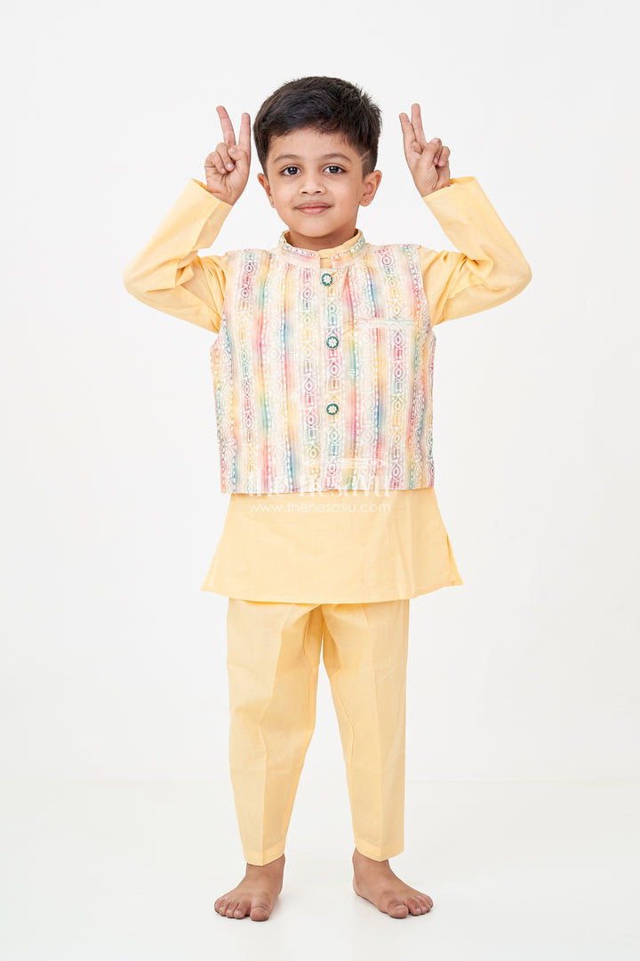 Ethnic Jacket and Kurta Set for Boys in Yellow Cotton with Multicolor Sequence Embellished Jacket