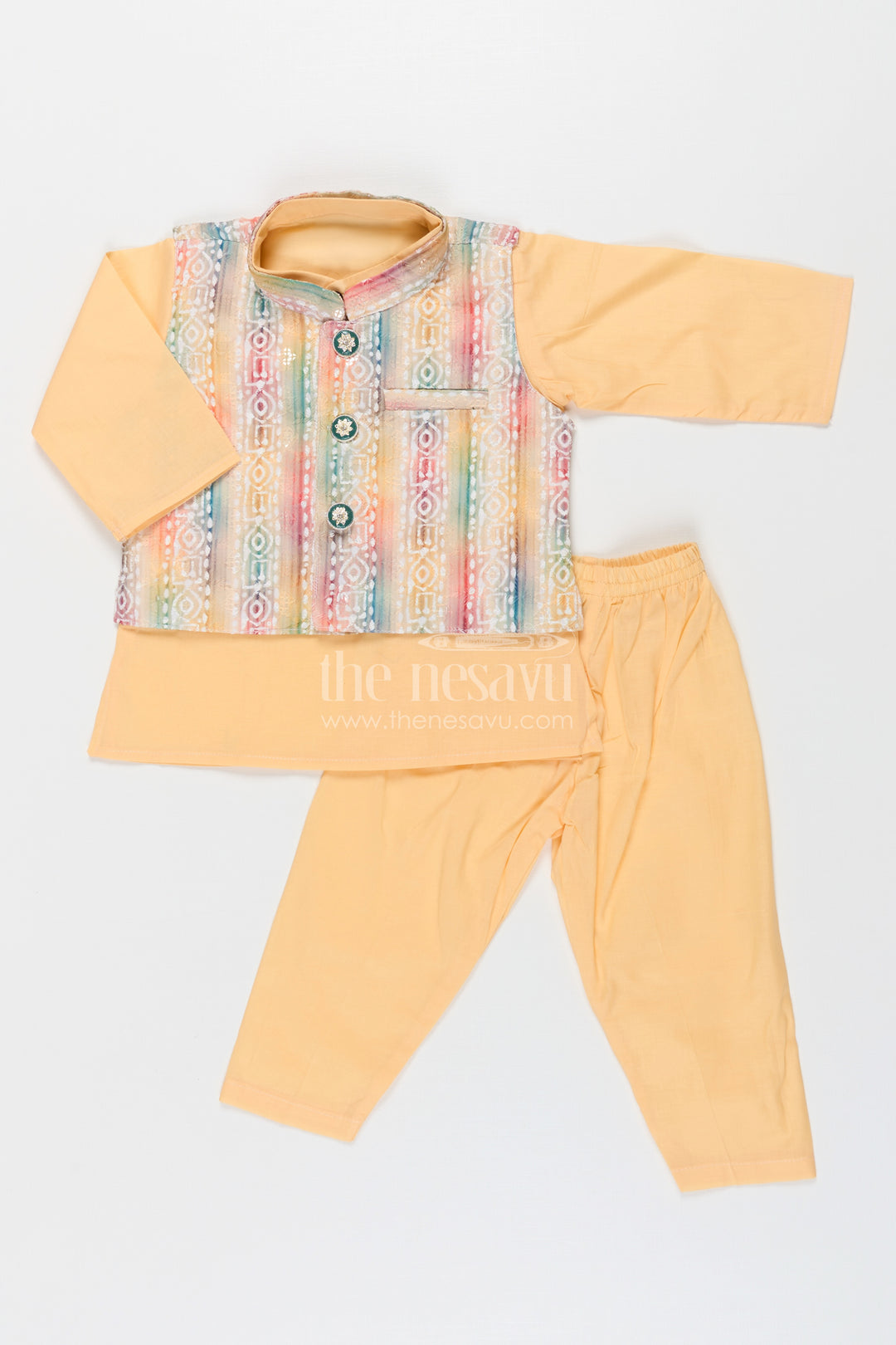 Ethnic Jacket and Kurta Set for Boys in Yellow Cotton with Multicolor Sequence Embellished Jacket