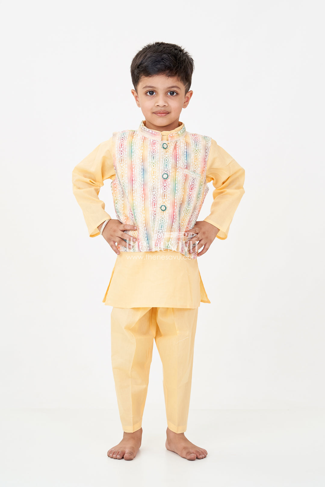 Ethnic Jacket and Kurta Set for Boys in Yellow Cotton with Multicolor Sequence Embellished Jacket
