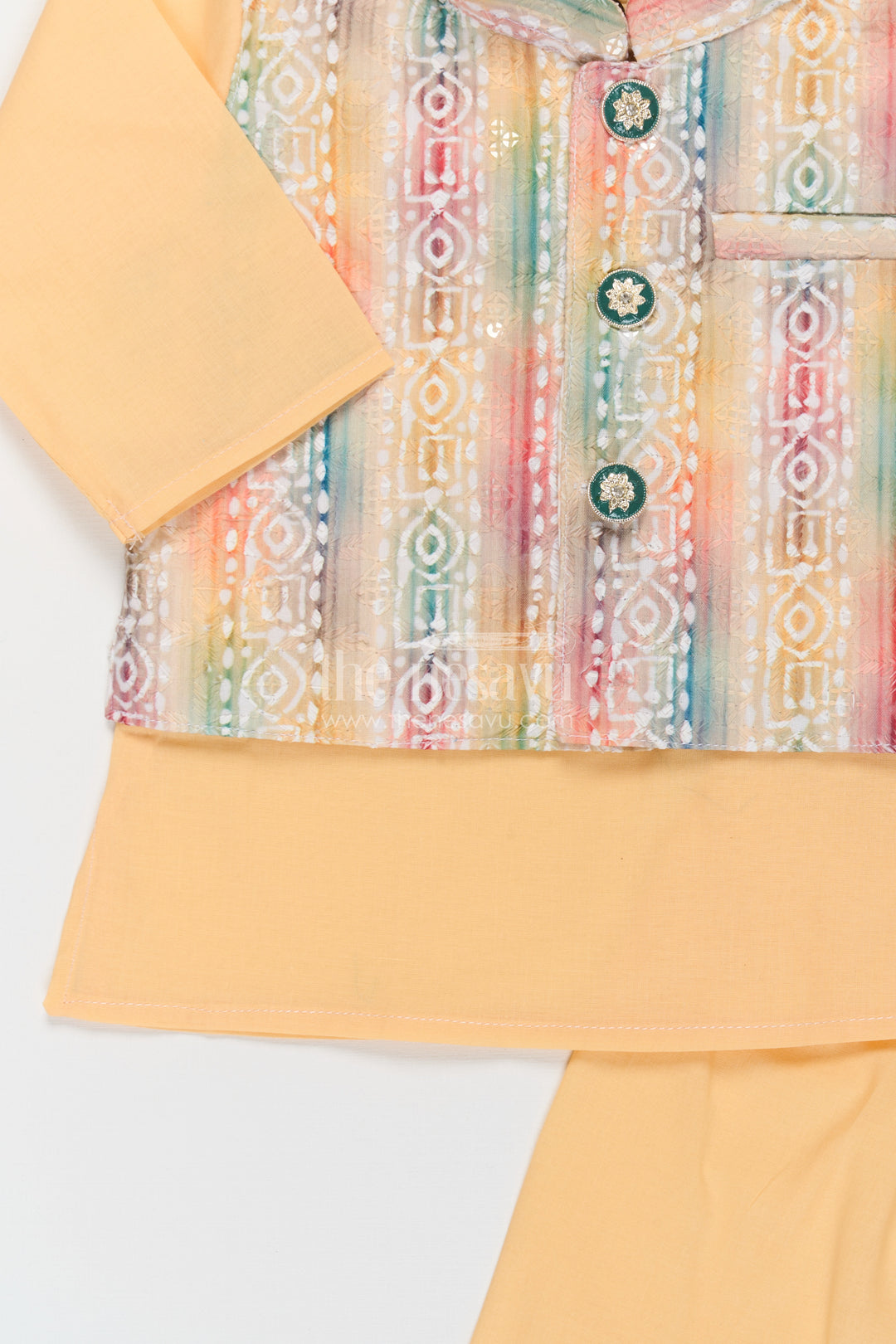Ethnic Jacket and Kurta Set for Boys in Yellow Cotton with Multicolor Sequence Embellished Jacket
