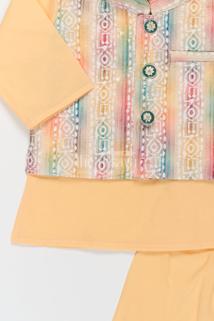 Ethnic Jacket and Kurta Set for Boys in Yellow Cotton with Multicolor Sequence Embellished Jacket