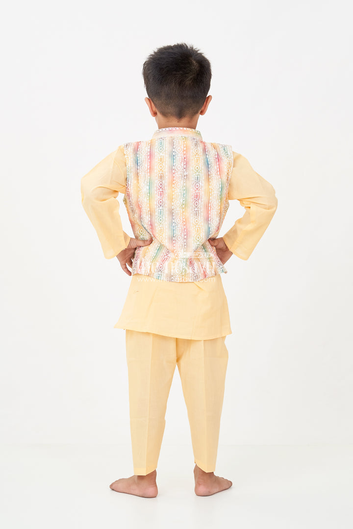 Ethnic Jacket and Kurta Set for Boys in Yellow Cotton with Multicolor Sequence Embellished Jacket