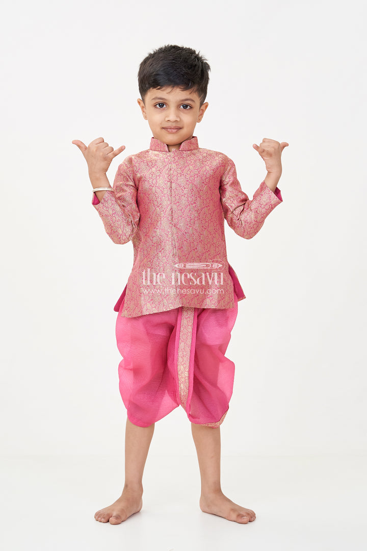 Boys Dhoti Pant Suit in Banarasi Kora Tissue with Traditional Jacket and Crinkled Bottoms
