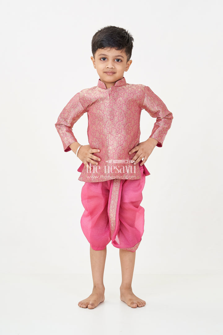 Boys Dhoti Pant Suit in Banarasi Kora Tissue with Traditional Jacket and Crinkled Bottoms