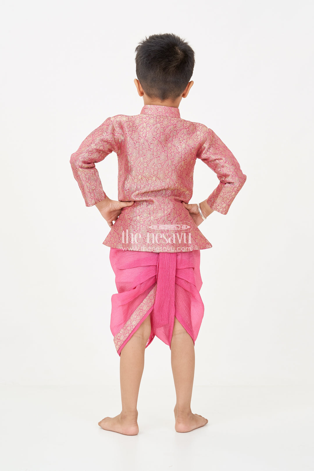 Boys Dhoti Pant Suit in Banarasi Kora Tissue with Traditional Jacket and Crinkled Bottoms