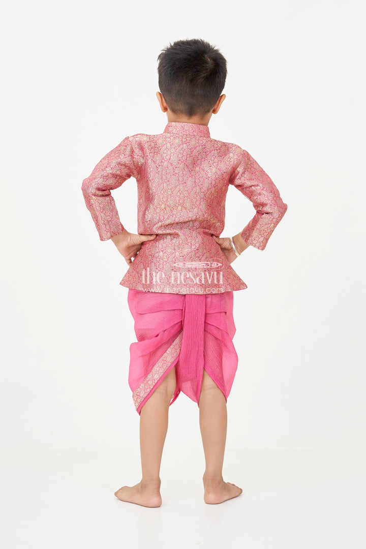 Boys Dhoti Pant Suit in Banarasi Kora Tissue with Traditional Jacket and Crinkled Bottoms