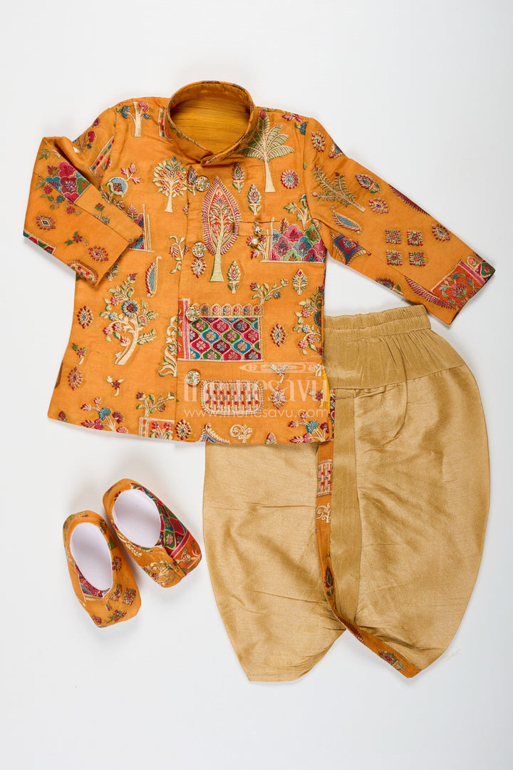 Boys dhoti and sherwani Set with Printed Yellow Kurta and Complete Traditional Accessory Kit