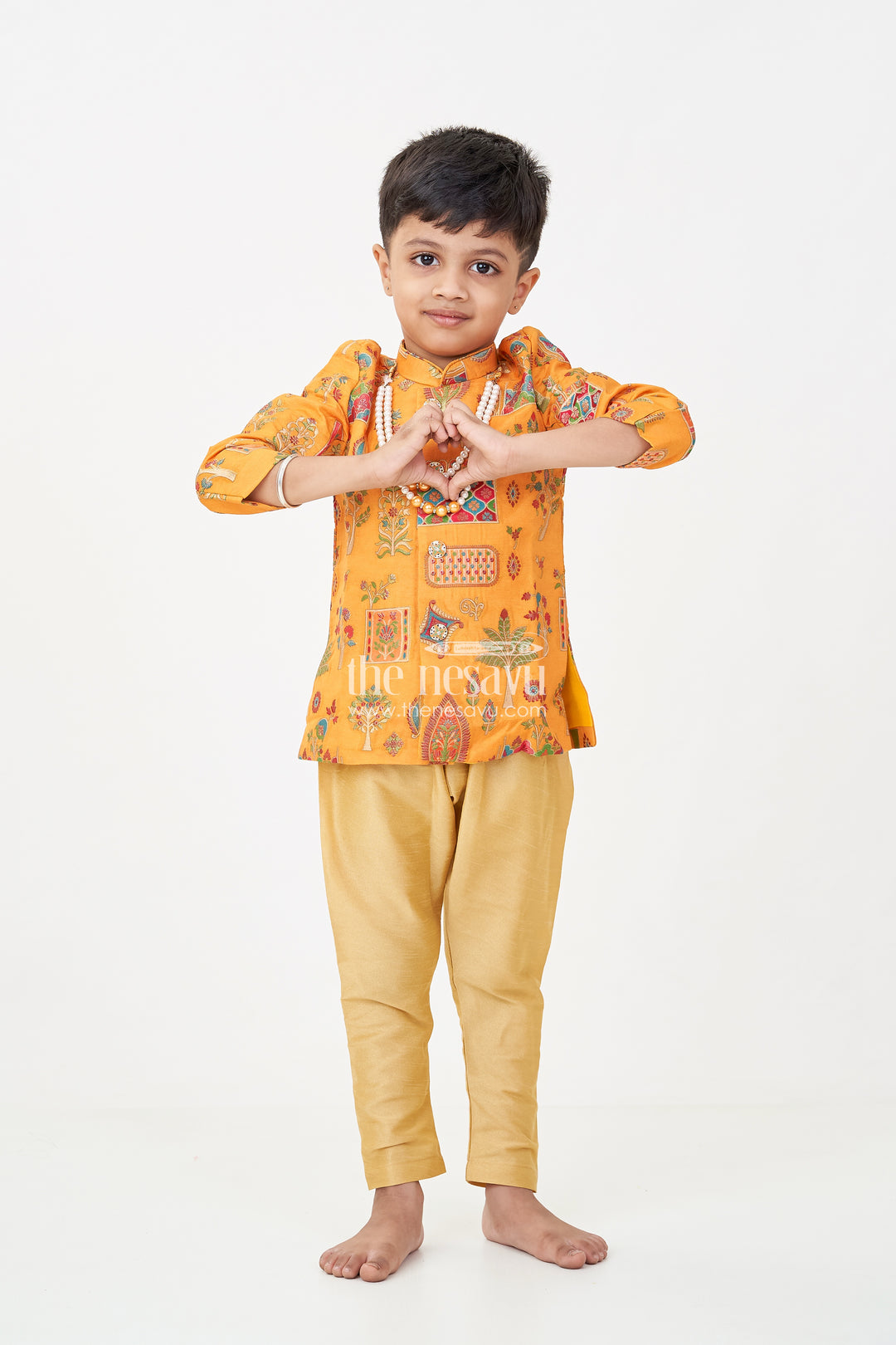 Boys dhoti and sherwani Set with Printed Yellow Kurta and Complete Traditional Accessory Kit