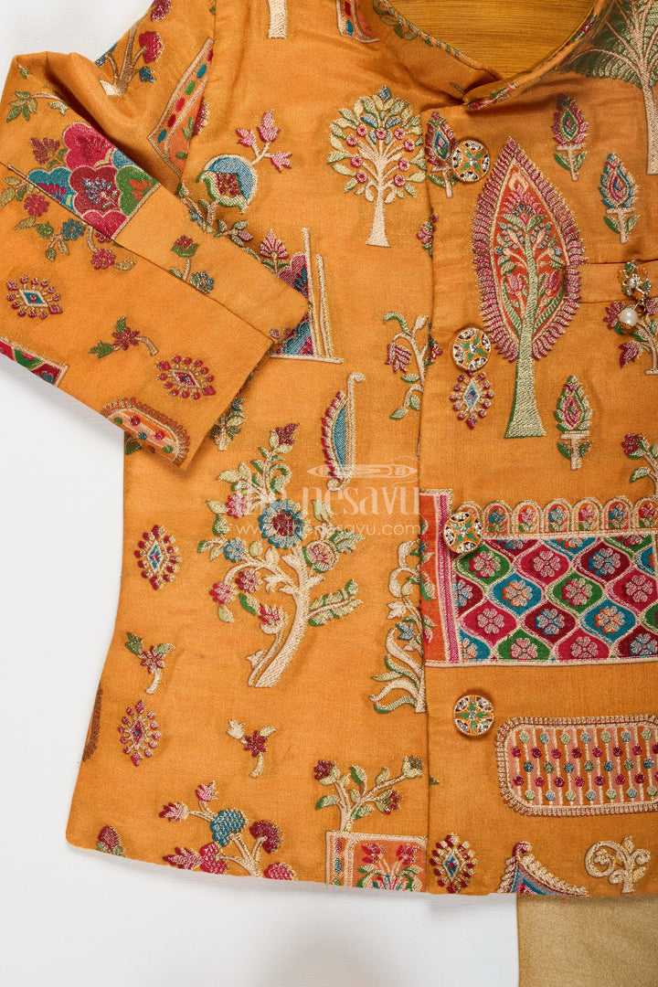 Boys dhoti and sherwani Set with Printed Yellow Kurta and Complete Traditional Accessory Kit