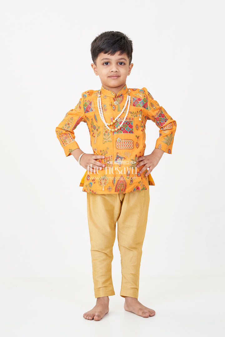 Boys dhoti and sherwani Set with Printed Yellow Kurta and Complete Traditional Accessory Kit