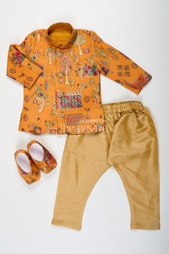 Boys dhoti and sherwani Set with Printed Yellow Kurta and Complete Traditional Accessory Kit