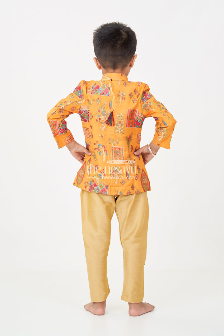 Boys dhoti and sherwani Set with Printed Yellow Kurta and Complete Traditional Accessory Kit
