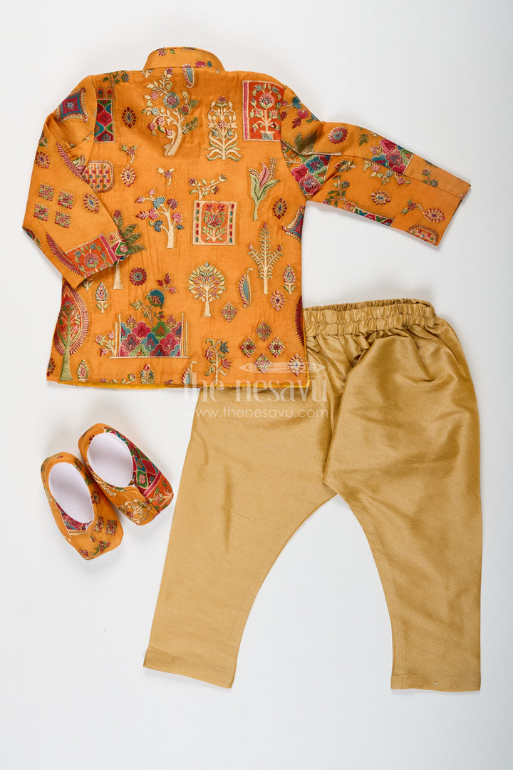 Boys dhoti and sherwani Set with Printed Yellow Kurta and Complete Traditional Accessory Kit