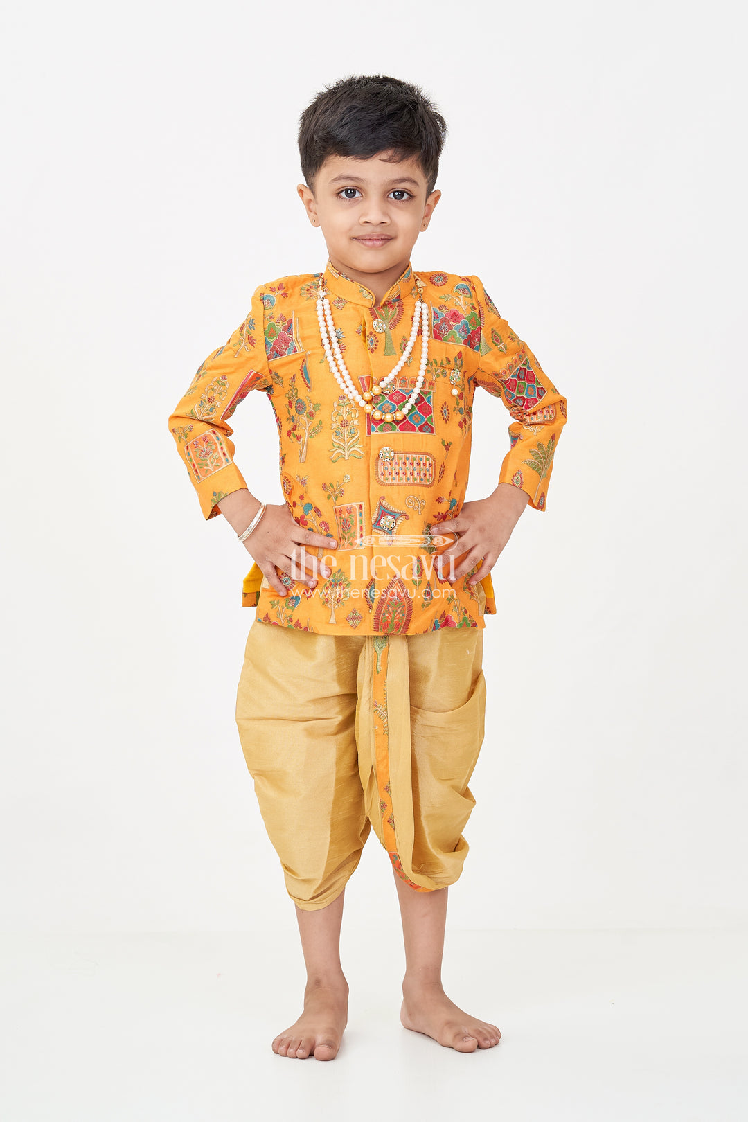 Boys dhoti and sherwani Set with Printed Yellow Kurta and Complete Traditional Accessory Kit