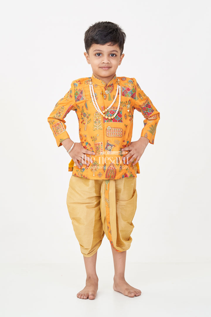 Boys dhoti and sherwani Set with Printed Yellow Kurta and Complete Traditional Accessory Kit