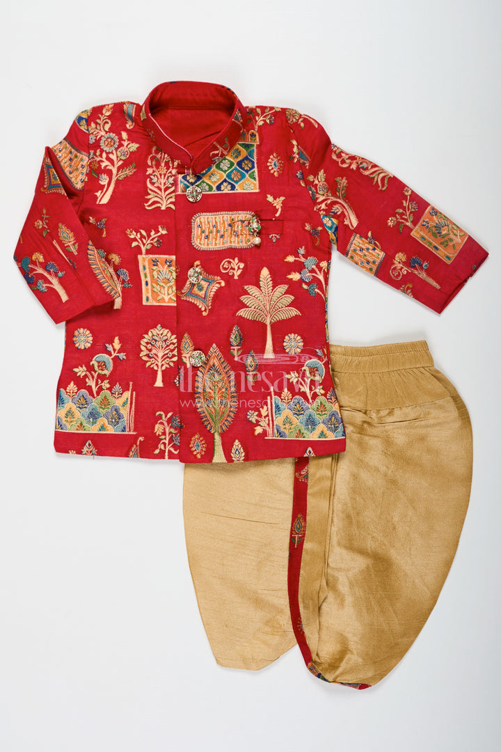 Boys dhoti sherwani Set with Red Digital Printed Kurta Jacket and Traditional Accessories Included