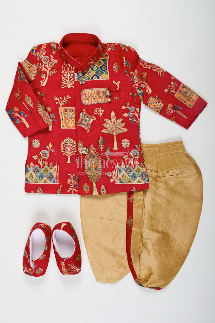 Boys dhoti sherwani Set with Red Digital Printed Kurta Jacket and Traditional Accessories Included