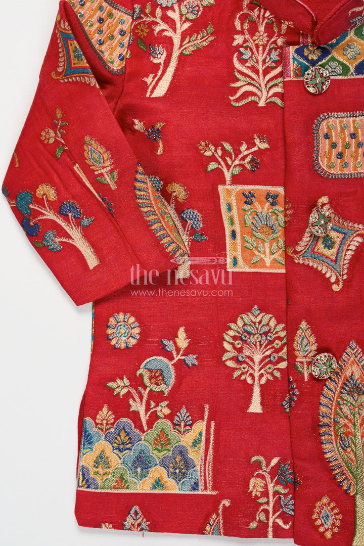 Boys dhoti sherwani Set with Red Digital Printed Kurta Jacket and Traditional Accessories Included