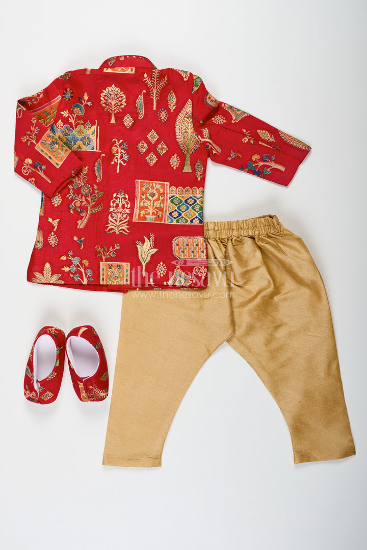 Boys dhoti sherwani Set with Red Digital Printed Kurta Jacket and Traditional Accessories Included