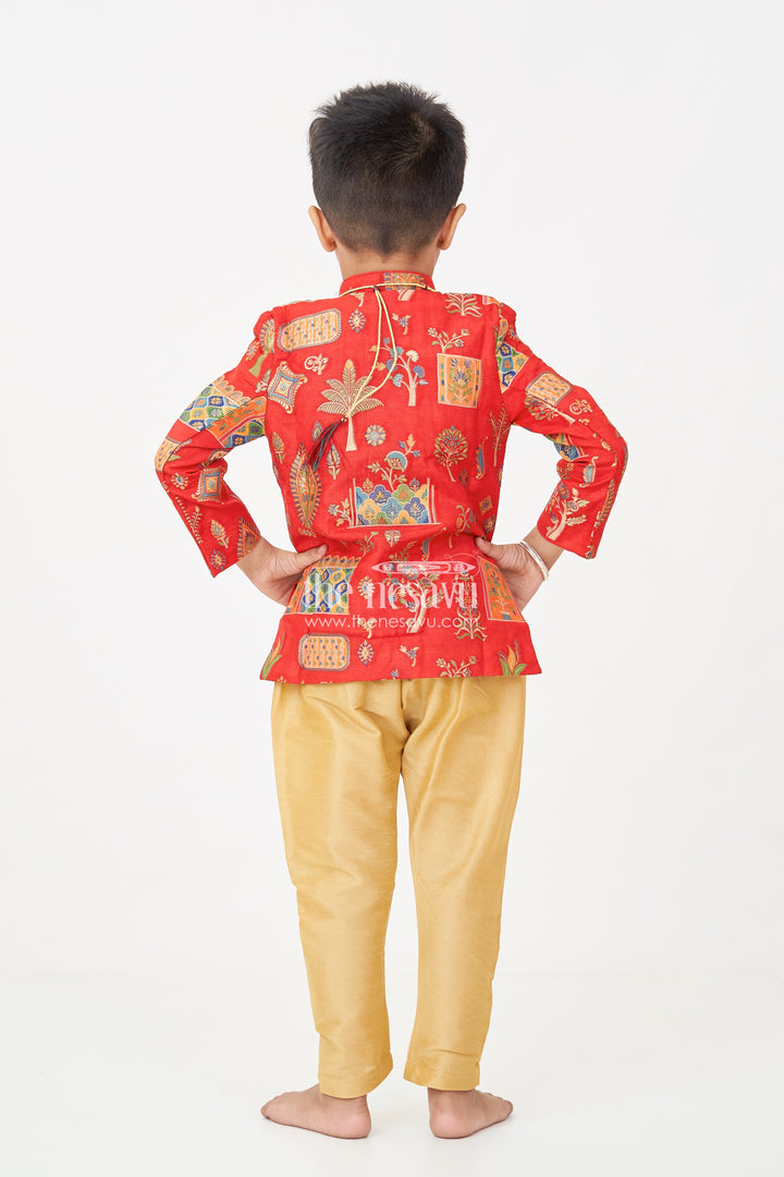 Boys dhoti sherwani Set with Red Digital Printed Kurta Jacket and Traditional Accessories Included