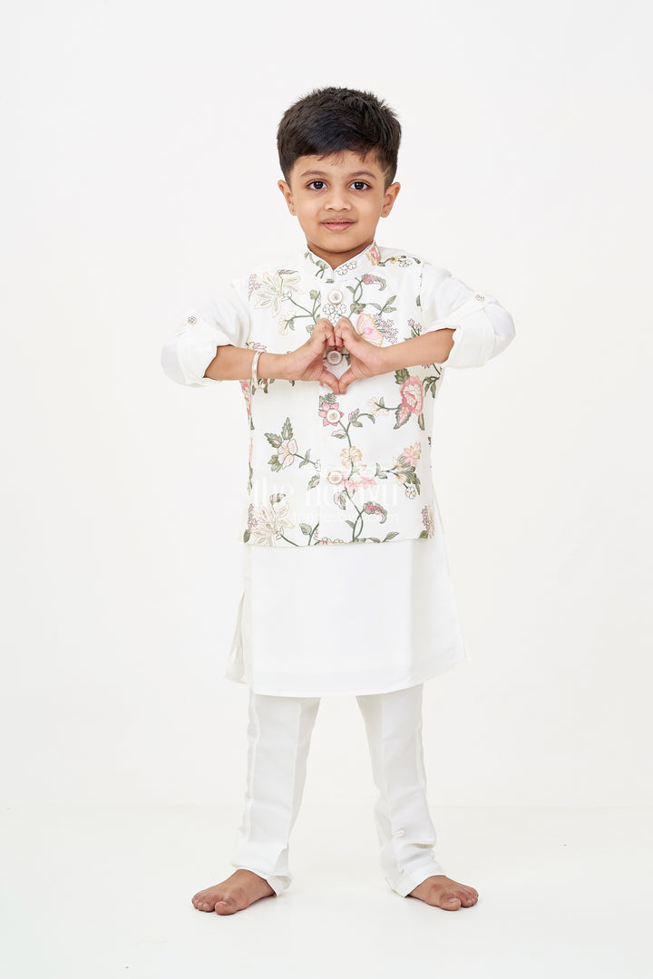 Boys jacket and kurta set in Ivory with Floral Embroidered Jacket and Silk Blend Finish