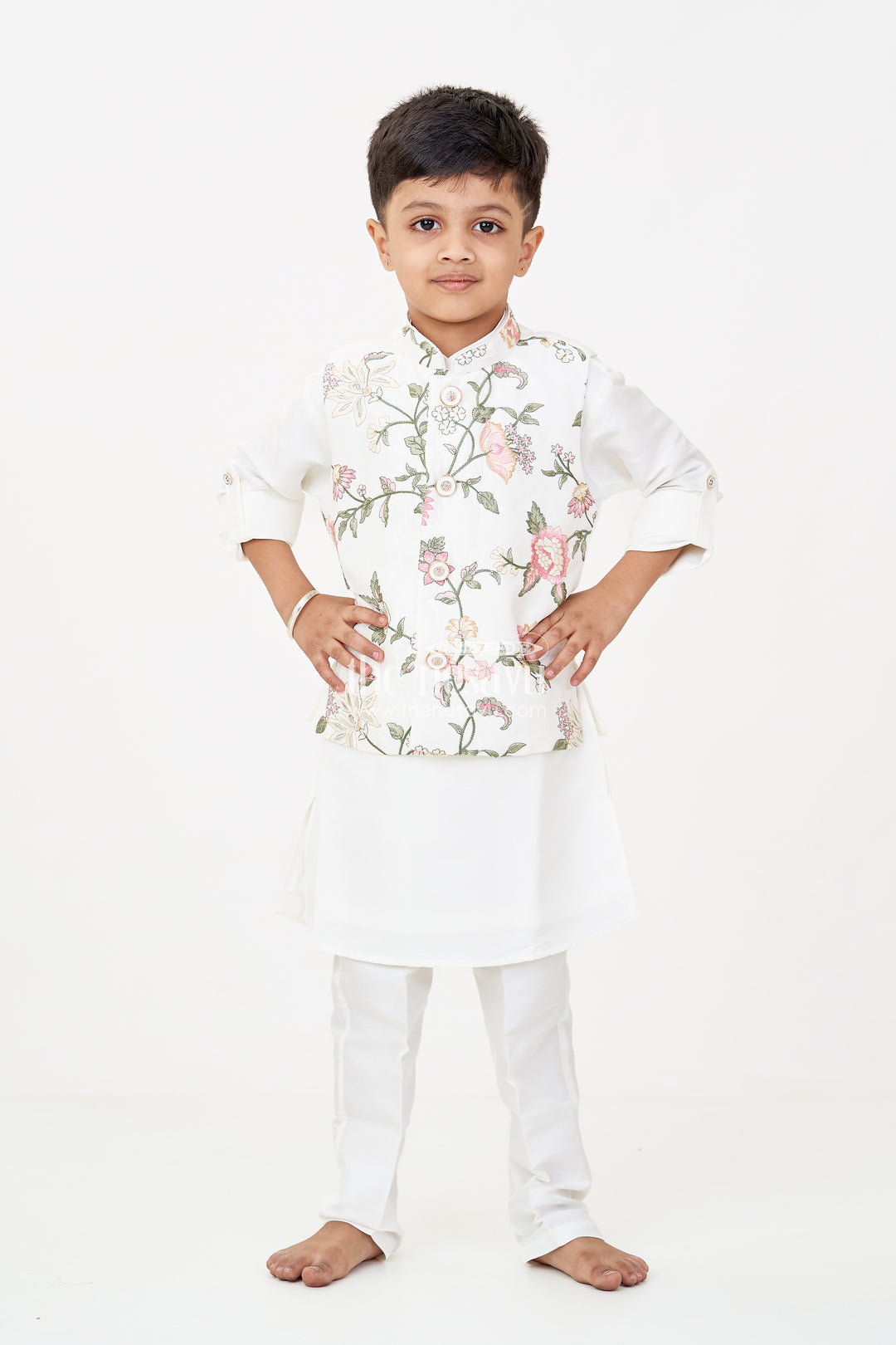 Boys jacket and kurta set in Ivory with Floral Embroidered Jacket and Silk Blend Finish