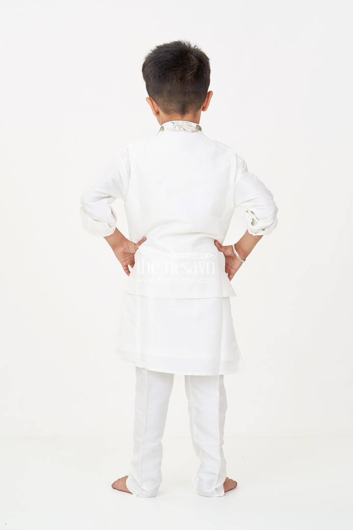Boys jacket and kurta set in Ivory with Floral Embroidered Jacket and Silk Blend Finish
